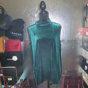 Tahari Murray Knit Velvet Velour Green Top High Neck Sleeveless Tunic Top XL